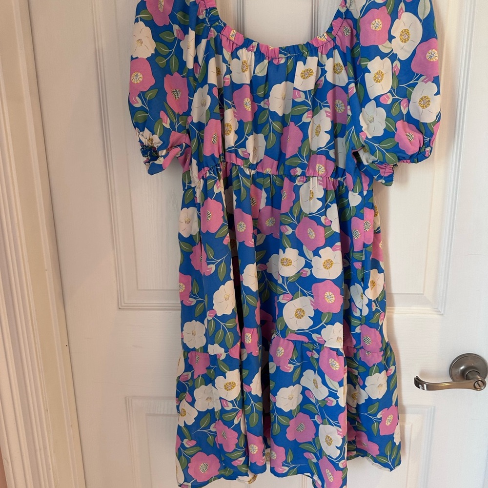 JODIFL Blue Floral Puff-Sleeve Casual Dress with Pink & White Flowers